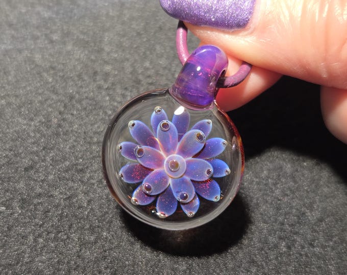 Purple Floral Implosion Pendant • Hand Blown Borosilicate Art Glass Necklace • Trippy Purple Glass Flower Charm • Unique Handmade Gift