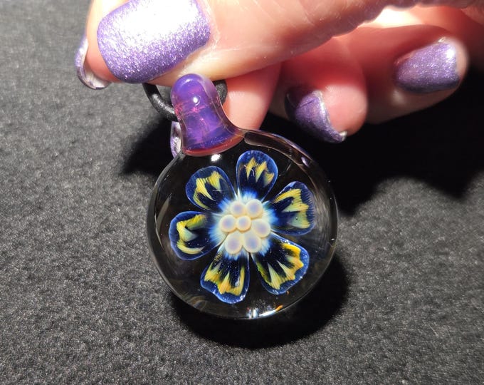 Glass Pendant, Hand Blown art glass Necklace with boro implosion. Handmade Glass flower Pendant in Borosilicate!  Heady Glass Flower Jewelry