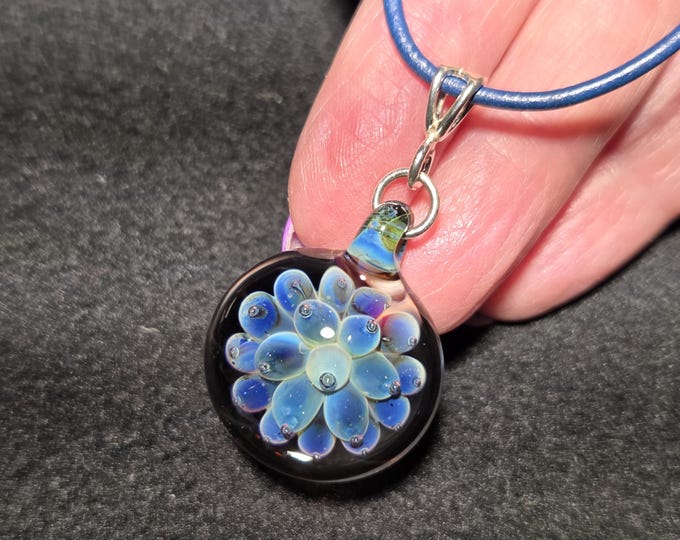 Blue boro Implosion pendant, hand blown borosilicate glass, clear backed sparkly color changing design with sterling silver bail!