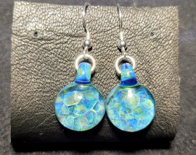 Elegant Sterling Silver Earrings with Sparkly Round Glass Green and Blue Cabochon dangle. Lightweight Borosilicate Frit bead Earring Design