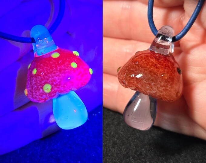 Red Magical Mushroom Jewelry, Color Changing, UV Reactive Glow Mushroom, Hand Blown Art Glass necklace, Unique Gift for Nature Enthusiasts!