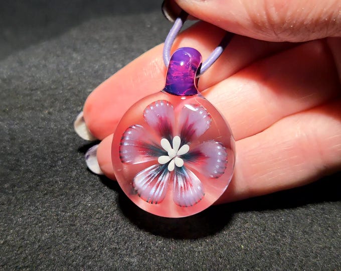 Heady Glass Pendant,  Pink and Purple Floral Gift,  Glass Flower Necklace, Handmade Lampwork Jewelry