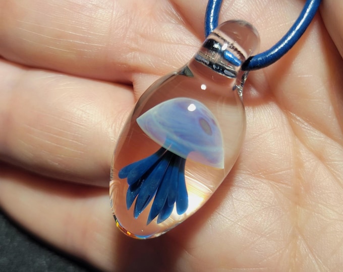 Hand Blown Glass Jellyfish Pendant, Handmade Borosilicate Glass Aquatic Necklace, Tropical Lampwork Jewelry