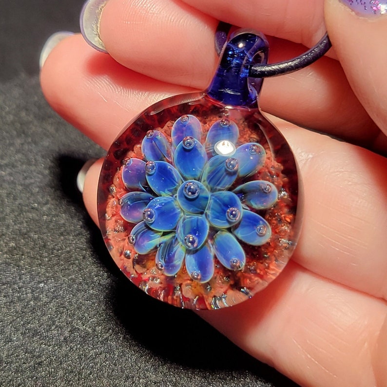 Hand Blown Blue Flower Implosion Choker Borosilicate Glass Pendant on Greek Leather Cord image 8