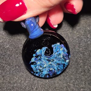 Blue wave pendant, large hand blown glass implosion necklace,  Under the sea borosilicate glass frit implosion pendant gift for beach lovers