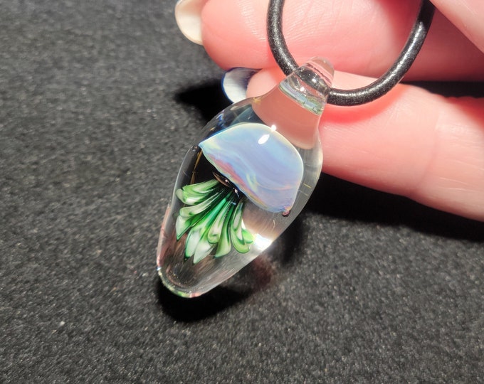 Handmade Jellyfish pendant, blown glass borosilicate floating jellyfish Necklace for beachy jewelry lovers