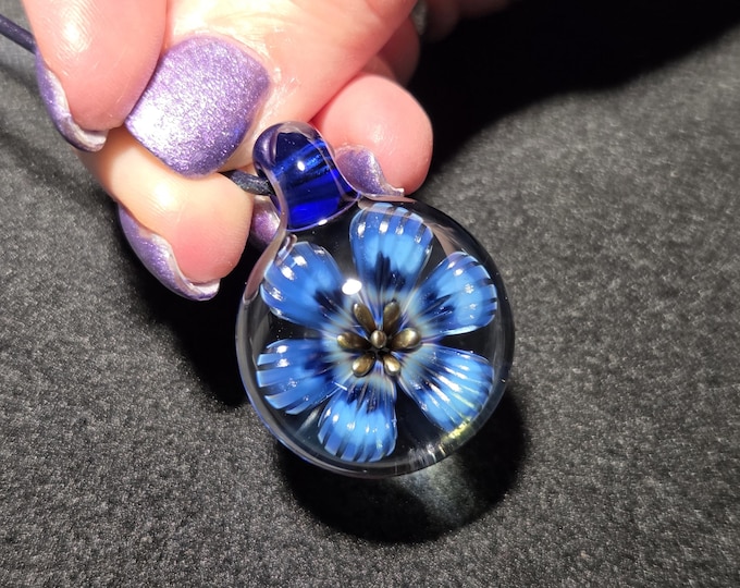 Blue Glass Flower Pendant, Handmade Borosilicate Floral Implosion Necklace, Heady Blown Glass Art Jewelry