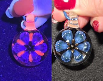 UV Reactive Blue Glass Flower Pendant, Reversible Pink Blacklight Implosion, Handmade Borosilicate Necklace
