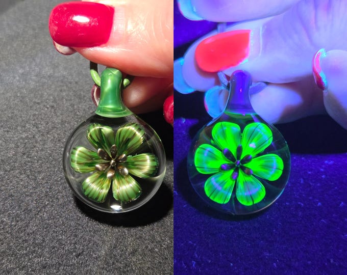 Heady Glass Flower Pendant. Color Changing UV Reactive Borosilicate Jewelry.  Green and Bronze Hand Blown Art Glass Necklace.