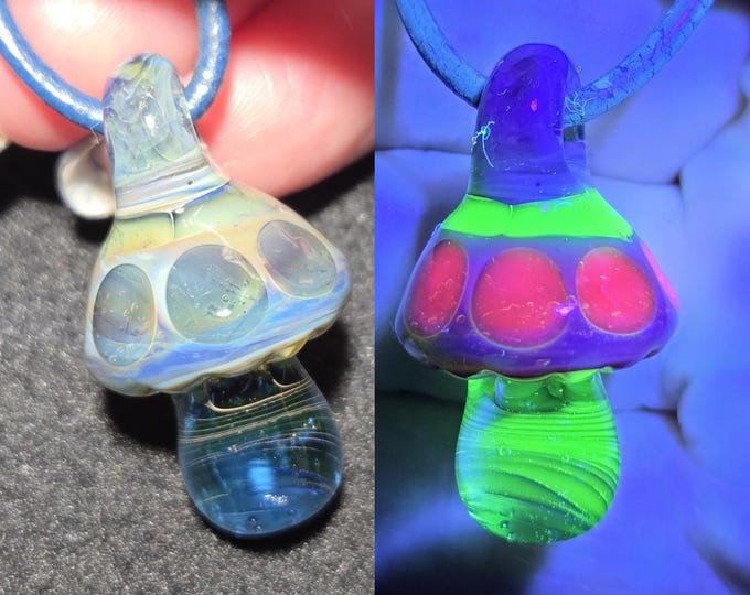 Magical Mushroom Jewelry, UV Reactive Glow Mushroom, Hand Blown Art Glass Pendant in Pink & lime green, Unique Gift for Nature Enthusiasts!