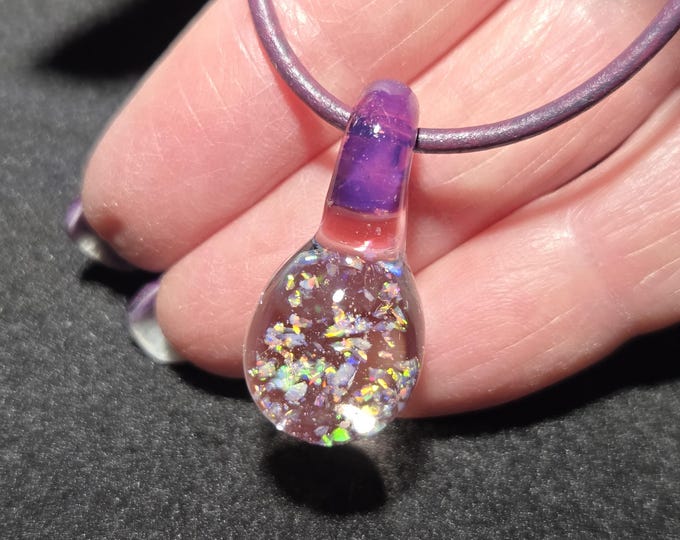 Crushed Opal Pendant • Gilson Opal Necklace, multicolor sparkle Hand Blown Borosilicate Glass Jewelry with crushed Gilson opals