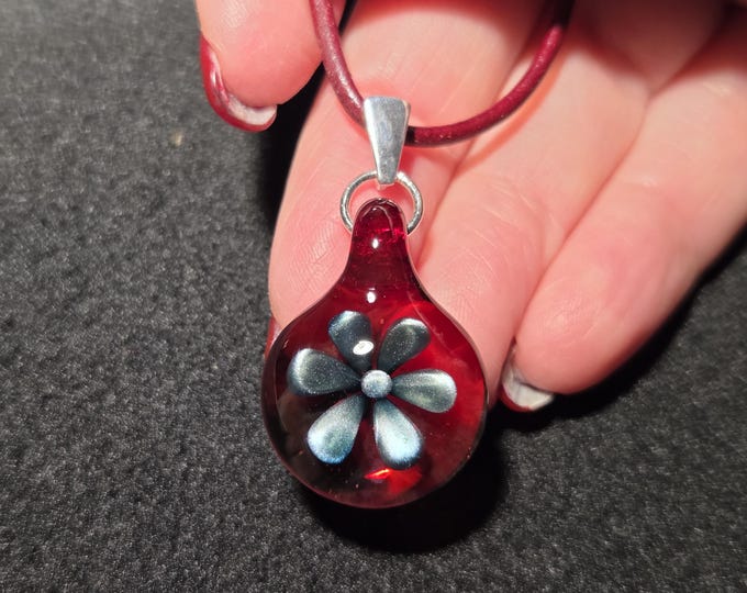 Handmade glass flower pendant, small hand blown glass floral implosion borosilicate choker on round leather with sterling silver.
