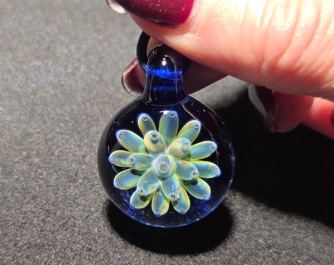 Heady borosilicate implosion pendant, blue lotus flower blown glass pendant, trippy lampwork jewelry, handcrafted glass flower choker