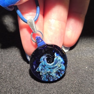 Small hand blown borosilicate glass pendant, Dainty Ocean Wave implosion choker pendant with sterling silver bail!  Boro frit design.