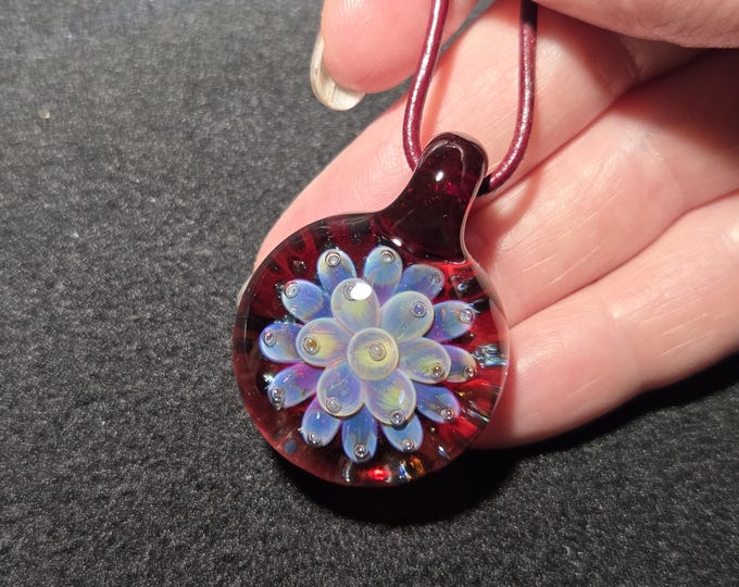 Borosilicate glass Implosion choker necklace, hand blown glass pendant with funky implosion with ruby background.