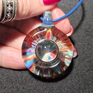 Borosilicate pendant, Handmade blown glass radial implosion design!  Large trippy pendant for men