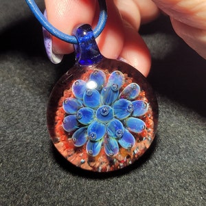 Hand Blown Blue Flower Implosion Choker Borosilicate Glass Pendant on Greek Leather Cord image 6