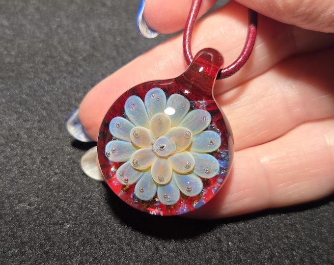 Burgundy and Blue Glass Flower Pendant, Hand Blown Borosilicate Implosion Necklace, Heady Handmade Lampwork Jewelry Gift