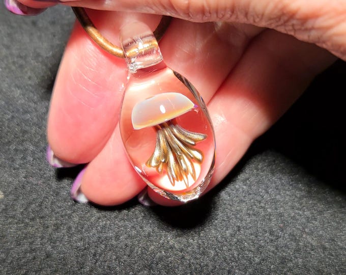 Hand blown glass Jellyfish pendant, handmade borosilicate sparkly jellyfish necklace with golden tentacles.  Jellyfish Jewelry