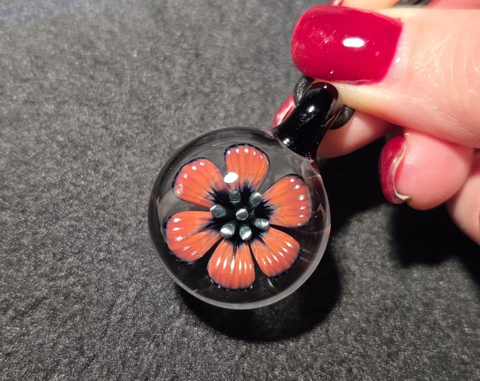 Red Glass Flower Necklace, Handmade Lampwork Heady Glass Pendant, Borosilicate Hand Blown Glass Gift.  Blown Glass Jewelry