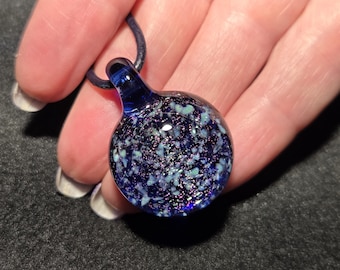 Sparkly Dichroic Glass Pendant in blue with green and orange speckles, Handmade Lampwork Dicro Heady Glass Pendant