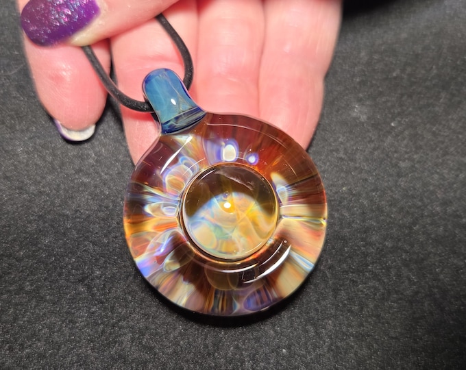 Hand Blown Borosilicate Glass Necklace, Large Handcrafted Chunky Glass Radial Implosion Pendant Makes a Great Mens Jewelry Gift.
