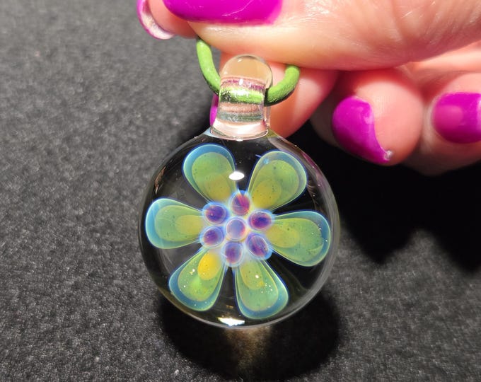 Handmade Blown Glass Implosion Necklace in Borosilicate Glass!  Groovy Flower Power Glass Pendant, Hand Blown Glass Flower Jewelry