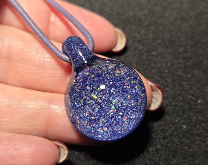 Cosmic Galaxy Opal Pendant • Crushed Gilson Opal Encased in Borosilicate • Sparkly Cobalt Celestial Blown Glass Necklace • Small Choker Gift