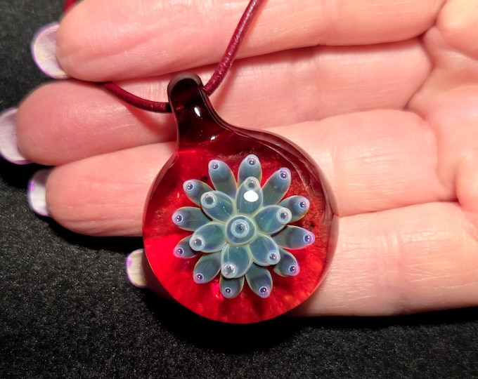 Heady Blue Glass Flower Pendant, Hand Blown Borosilicate Implosion Choker.  Blown glass jewelry gifts. Handmade Lampwork Jewelry