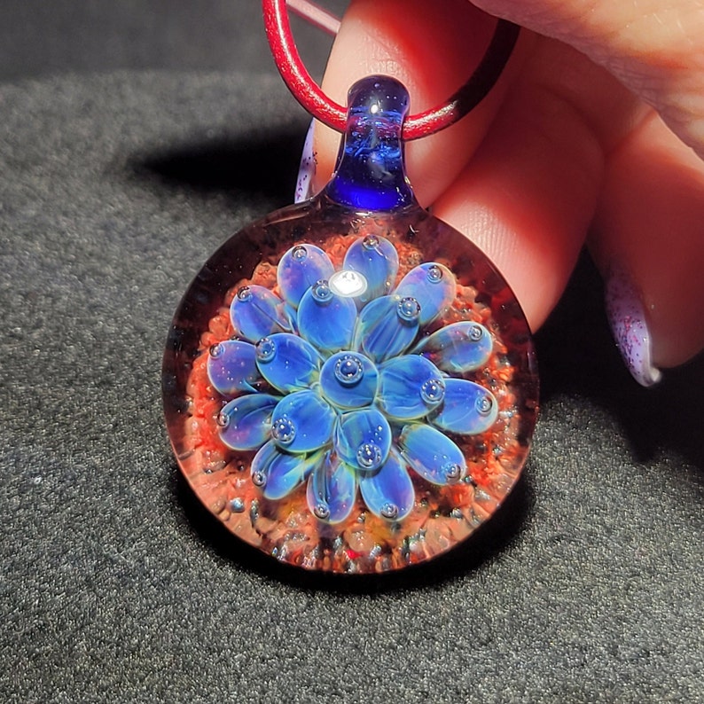 Hand Blown Blue Flower Implosion Choker Borosilicate Glass Pendant on Greek Leather Cord image 9