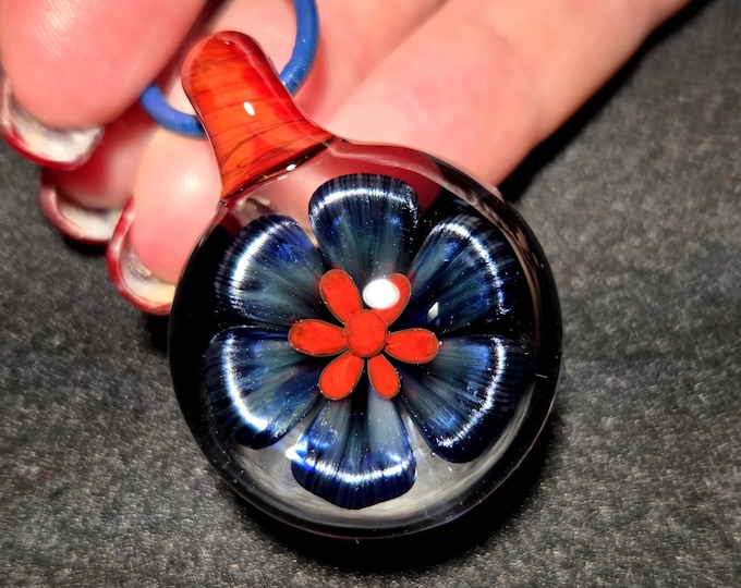 Blue and Red/Orange Glass Flower Pendant, Layered Floral Implosion, Handmade Lampwork Heady Borosilicate Necklace
