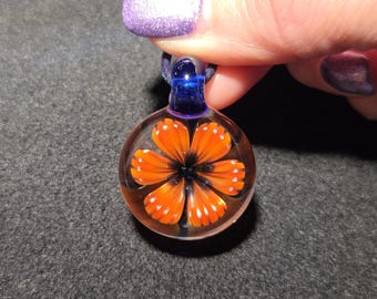 Hand Blown Borosilicate Glass Flower Pendant, Heady Boro Implosion Necklace, Nature Inspired Botanical Jewelry, Retro Orange Wildflower