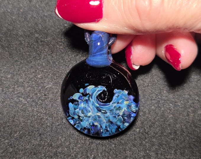 Blue wave pendant, large hand blown glass implosion necklace,  Under the sea borosilicate glass frit implosion pendant gift for beach lovers