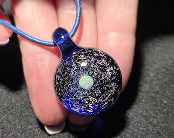 Sparkly Dichroic Glass Pendant with Gilson Opal, Handmade Lampwork Heady Glass Pendant in Cobalt Blue