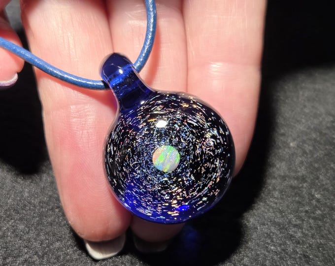 Sparkly Dichroic Glass Pendant with Gilson Opal, Handmade Lampwork Heady Glass Pendant in Cobalt Blue
