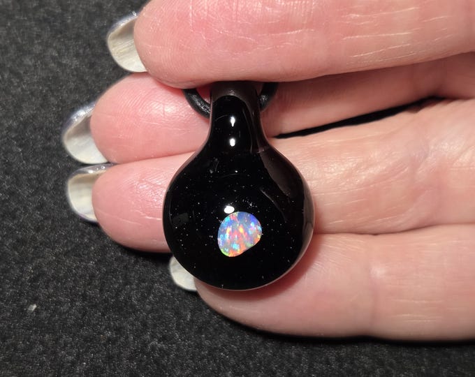 Mermaid Tears White Gilson Opal Pendant, Small Sparkly Black Borosilicate Choker Necklace, Hand Blown Lampwork Jewelry