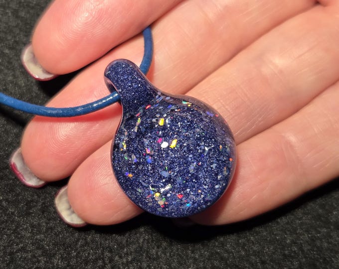 Cosmic Galaxy Opal Pendant • Crushed Gilson Opal Encased in Borosilicate • Sparkly Cobalt Celestial Blown Glass Necklace • Small Choker Gift