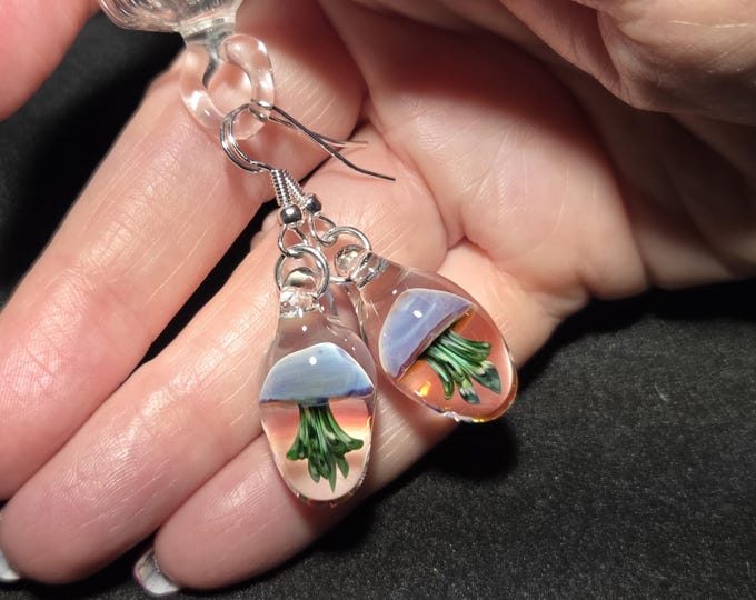 Glass Jellyfish earrings, hand blown glass jellyfish made of borosilicate and sterling silver for a great Botanical Jewelry gift idea.