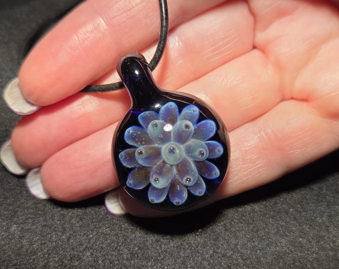 Borosilicate glass Implosion pendant, hand blown sparkly glass flower choker pendant with sterling silver and round Greek leather.