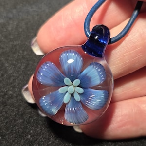 Handmade Blown Glass Flower Pendant Necklace, Blue tiger lily, Flamework Implosion Jewelry