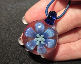 Handmade Blown Glass Flower Pendant Necklace, Blue tiger lily, Flamework Implosion Jewelry