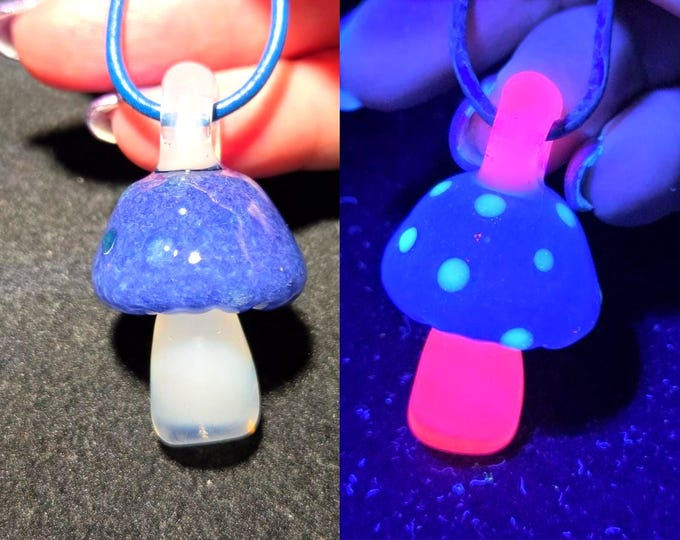 Blue Magic Mushroom Jewelry, Neon Pink UV Reactive Glow Mushroom, Hand Blown Art Glass Pendant, Unique Gift for Nature Enthusiasts!