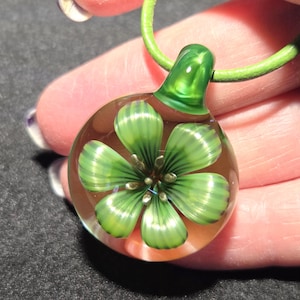 Green Glass Flower Pendant, Hand Blown Necklace with Floral Implosion in Borosilicate!  Heady Glass Flower Jewelry