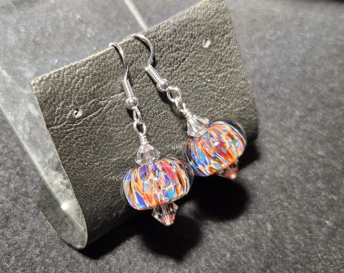 Handmade Lampwork Glass Earrings, Multicolor Boro Frit Beads with Sterling Silver & Crystal Dangles, Blown Glass Jewelry Gift