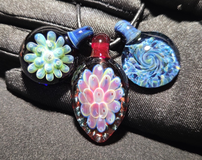 3 Blown glass pendant necklace bundle of handmade borosilicate implosions.  Heady glass jewelry in cherry red, lime, purple, & blue