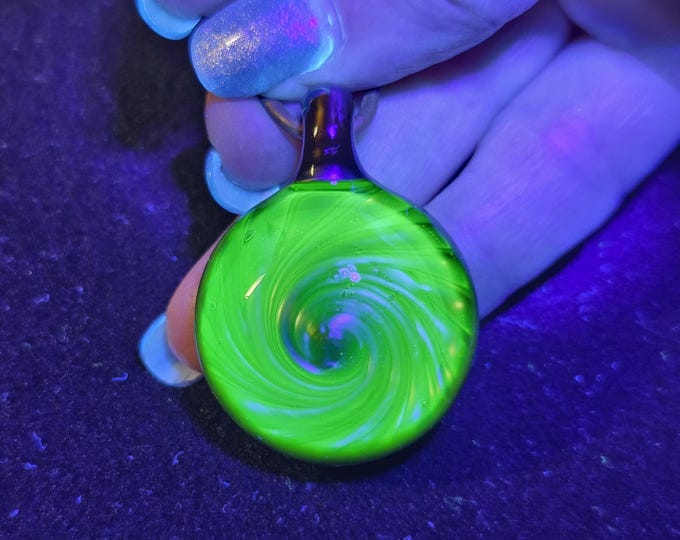 Large Heady Vortex Glass Pendant, Hand Blown Borosilicate Reversible Implosion Necklace, Neon Green UV Reactive Boro Art Glass Jewelry Gift