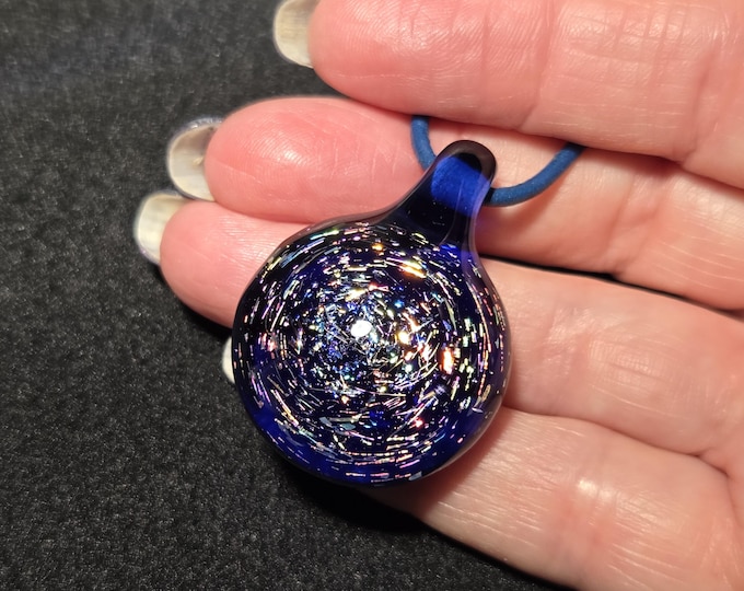 Rainbow Dichroic Cabochon Necklace, Blue Heady Glass Pendant with Multicolor Sparkle, Handmade Lampwork Dicro