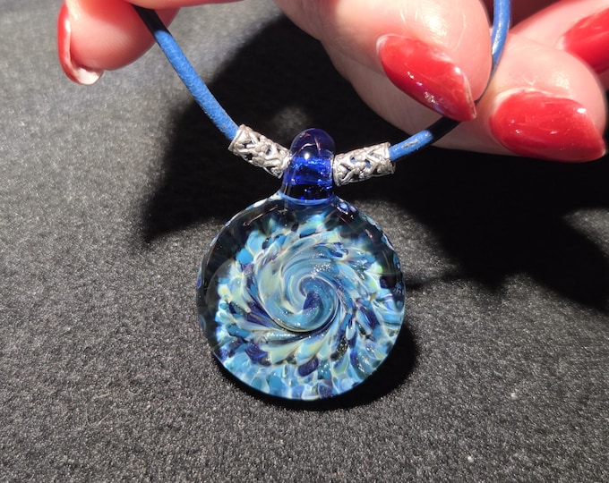 Blown glass Jewelry, Hand blown glass boro frit implosion pendant on Greek Leather Choker with sterling silver tube beads and lobster claw!