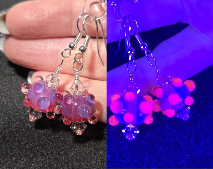 Pink Boro Glass Earrings, UV Reactive,Handmade Borosilicate Lampwork Dangles, Black Light Jewelry, Festival Accessory, Hot Pink Gift for Her