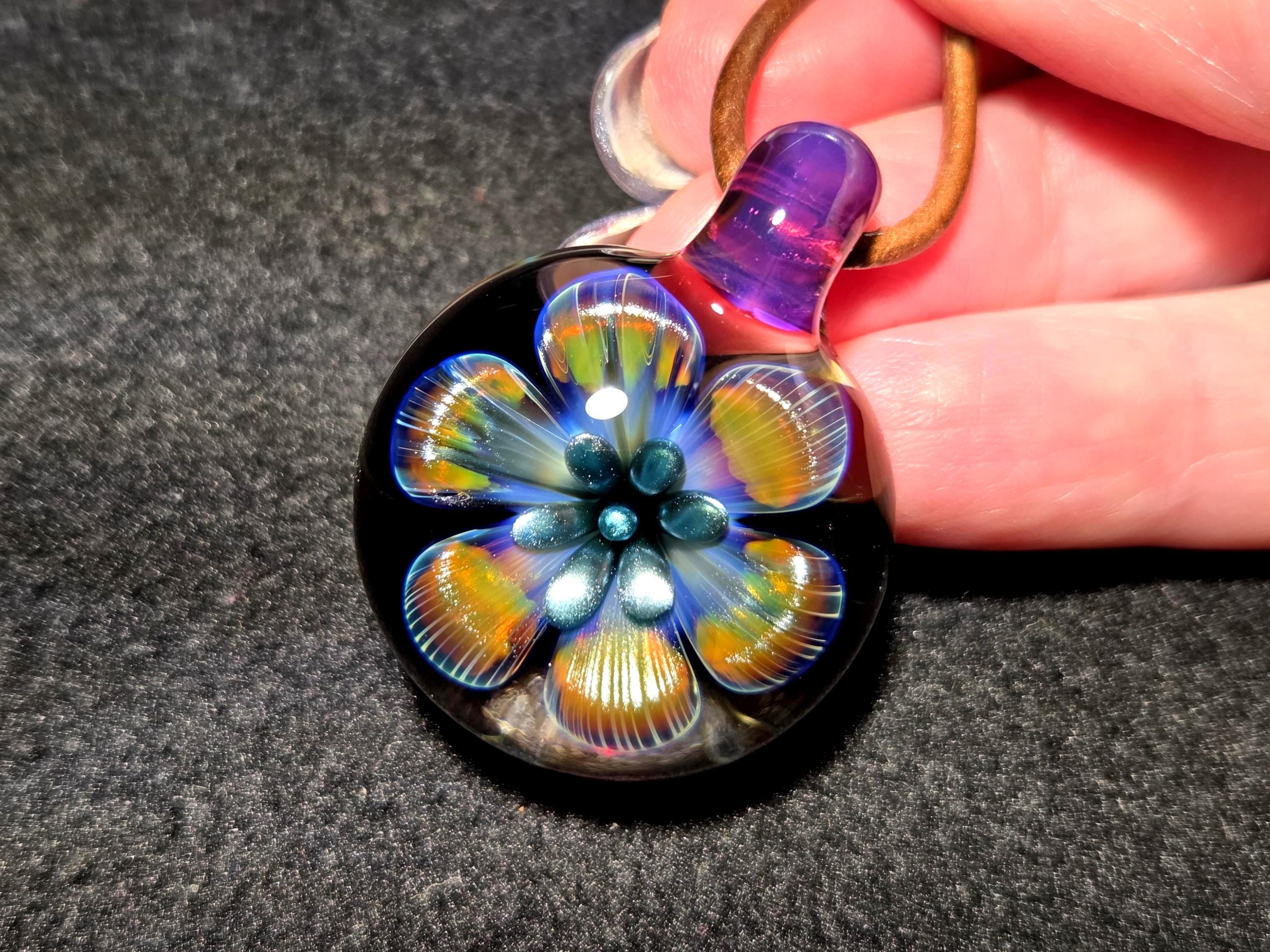 Hand Blown Glass Jewelry.  Handmade Glass flower Pendant.  Blown Glass Implosion Necklace in Borosilicate Glass!  Heady Glass Flower Jewelry